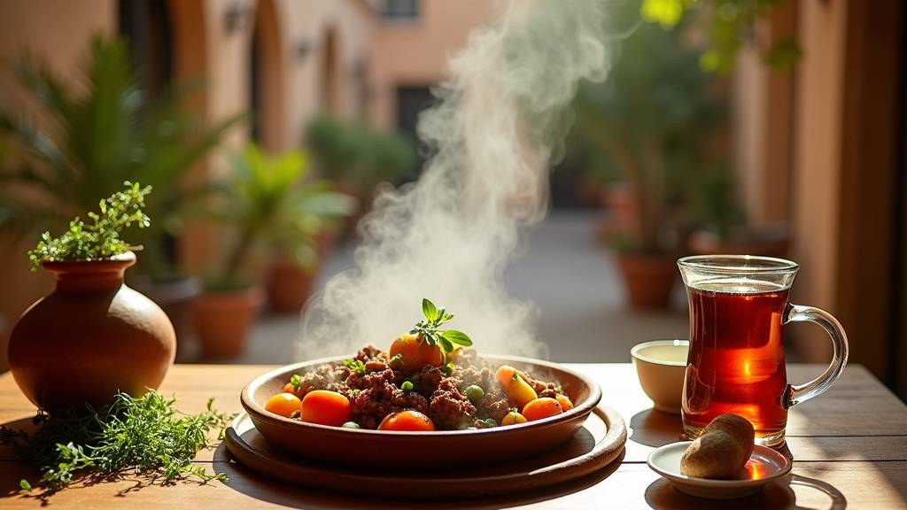 Plat de tajine traditionnel avec des épices et de la viande cuite lentement