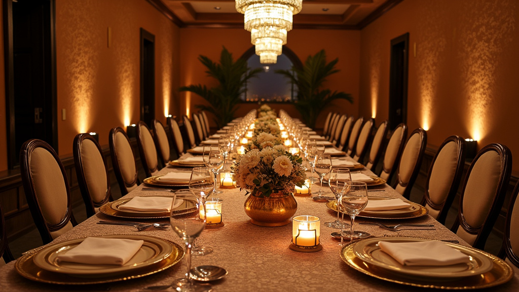 Banquet oriental luxueux avec mezzés, tajines et pâtisseries traditionnelles dressés élégamment