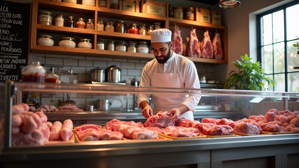 Intérieur d'une boucherie halal à Saint-Quentin avec présentation des viandes certifiées