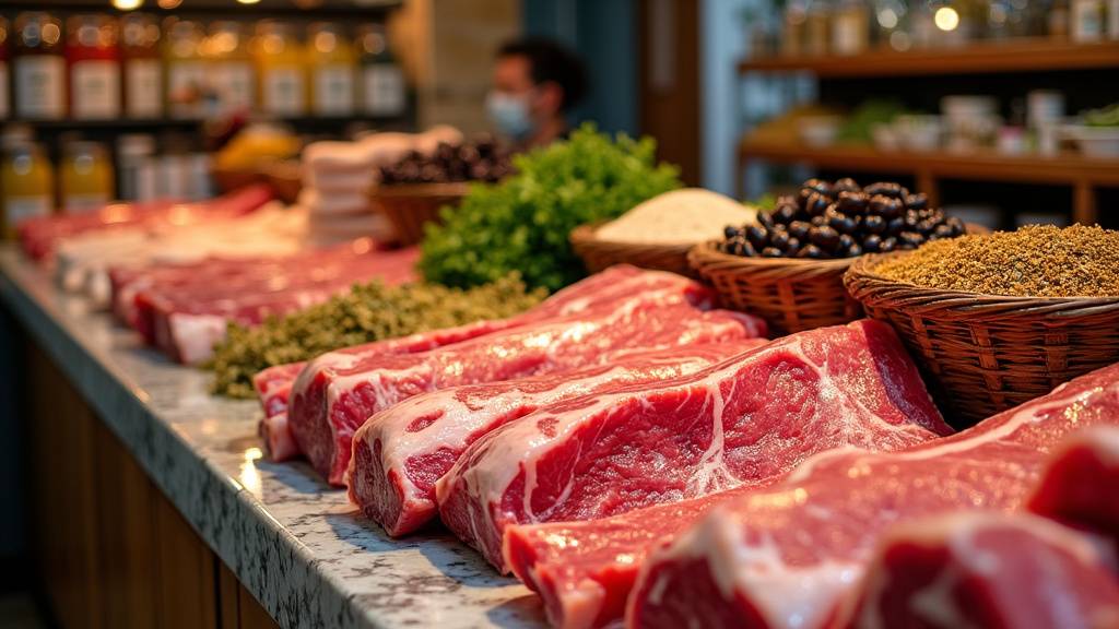 Intérieur du Supermarché Harissa à Toulouse avec étal de viande halal