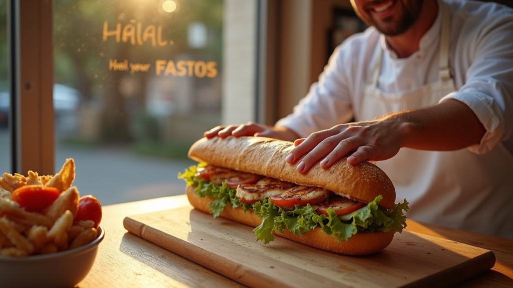 Préparation de sandwich halal dans une boulangerie avec séparation des ustensiles