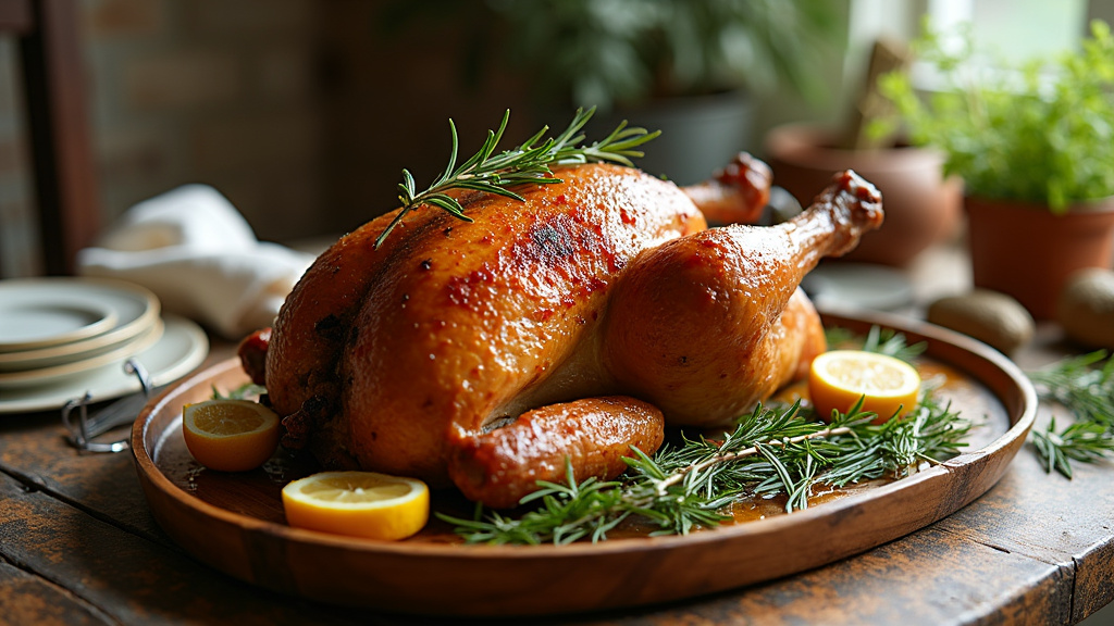Chapon halal préparé avec des herbes aromatiques
