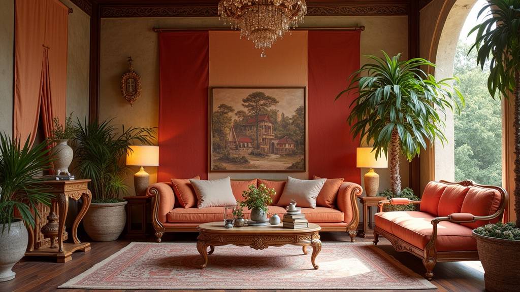 Décoration orientale installée dans un château du Beaujolais avec tentures dorées et mobilier traditionnel