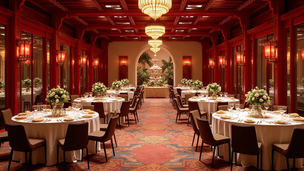 Décoration orientale luxueuse pour mariage avec tissus dorés, lanternes et compositions florales à Villefranche