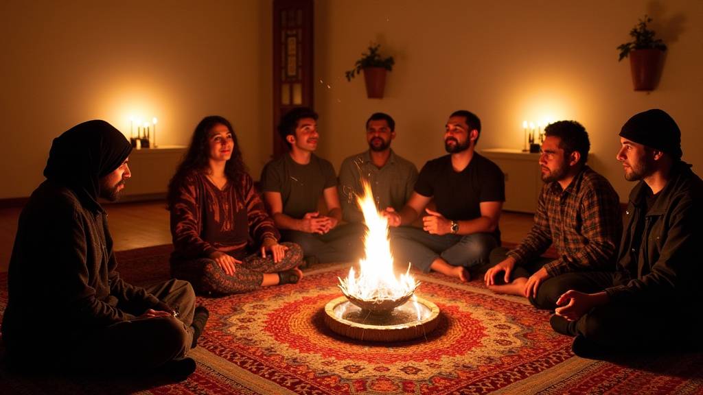 Décoration traditionnelle pour soirée Issawa avec tapis, coussins et éclairage tamisé