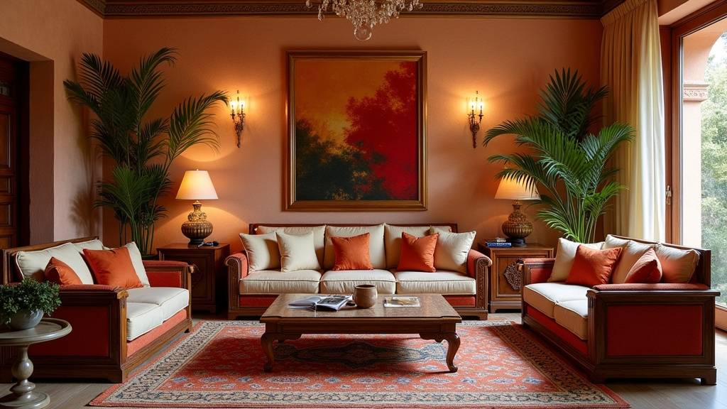 Ensemble d'éléments décoratifs orientaux : lanternes, tissus brodés, mobilier traditionnel et accessoires dorés