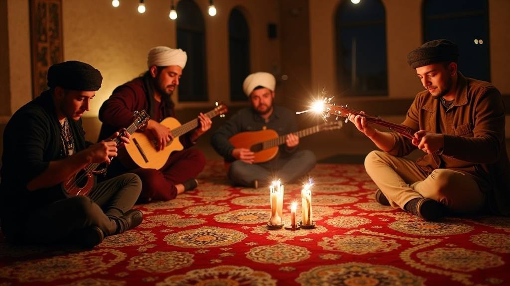 Musiciens Issawa en tenue traditionnelle lors d'une cérémonie spirituelle