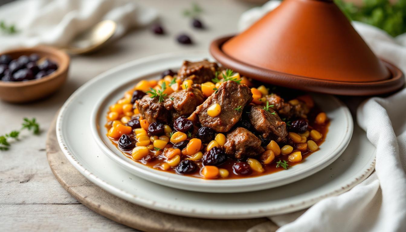 Tajine d'agneau aux pruneaux servi lors d'un mariage oriental