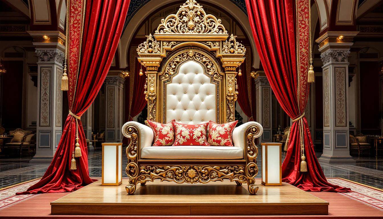 Trône de mariage oriental doré avec coussins luxueux