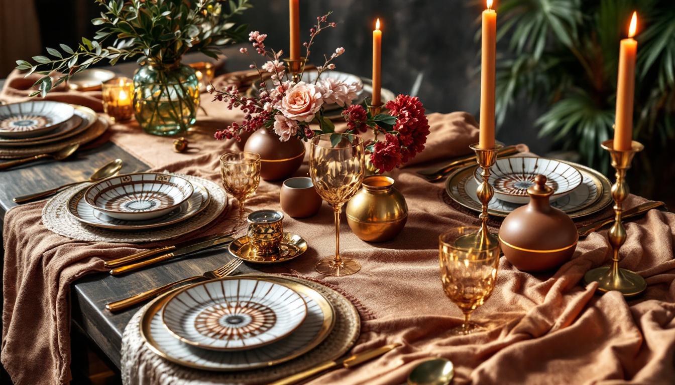 Service de vaisselle orientale avec plats tebsi et assiettes décorées